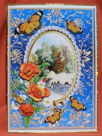 Poppies Daisies Butterflies - Thatched Cottages - on Blue by Susan Smith
