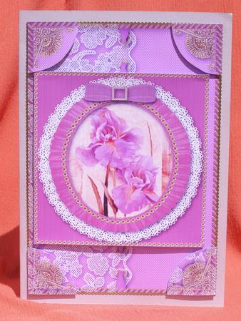 Purple Iris Ruffle Half Lace A5 Card Front by Susan Smith