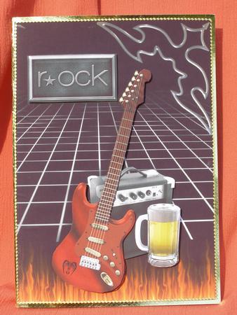 Rock Guitar and Beer Card Front with Decoupage by Susan Smith