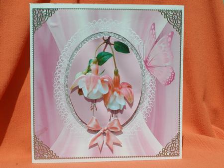 Fuschias on Lace 7" x 7 " Card Front - Pink by Susan Smith