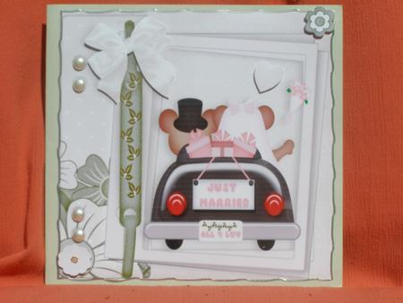 Wedding Teddies in Car in Scrapbook Page with Bow by Susan Smith