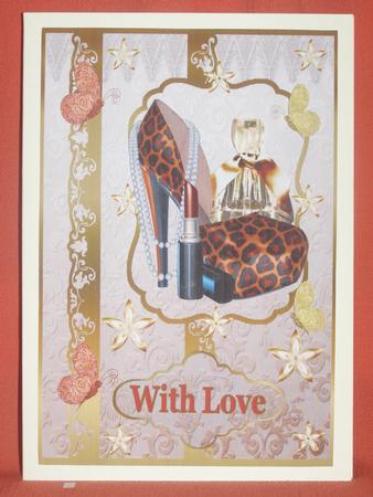 Lipstick & Beads Decoupage Card Front by Susan Smith