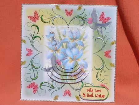 Blue Irises with Hummingbird & Butterflies by Susan Smith