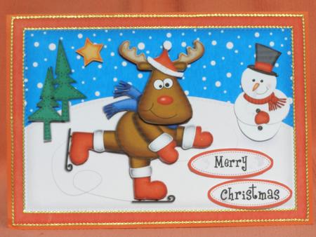 A5 Xmas Skating Rudolph Quick Card N 3D Decoupage by Susan Smith