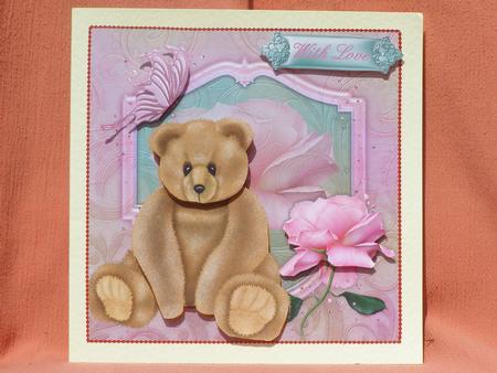 Pink Rose Teddy Card Topper by Susan Smith