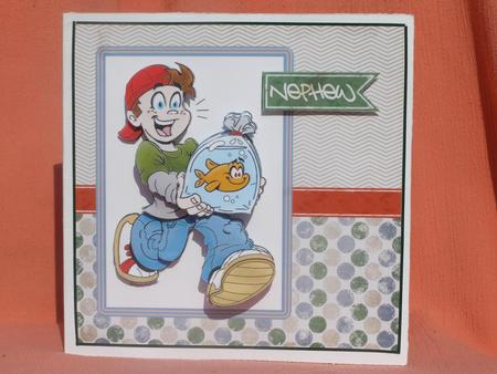 Goldfish Kid - 6x6 Decoupage Card - Khaki, Denim & Red 2 by Susan Smith