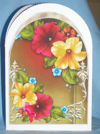 Beautiful Bright Petunias Arched, Shaped Topper by Susan Smith