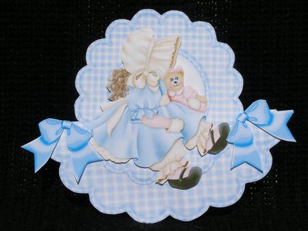 Cute Bonnet Girl in Blue Gingham Scalloped Rocker with Bows by Susan Smith