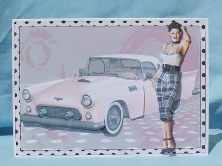 1950s Lady and Her Pink T-bird Car Decoupage by Susan Smith