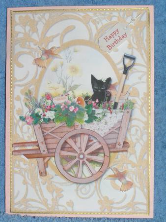 Cat Amoungst the Flowers Card Front and Decoupage by Susan Smith