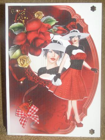 Dressed Up Red Rose Lady Shaped Card Front Decoupage by Susan Smith