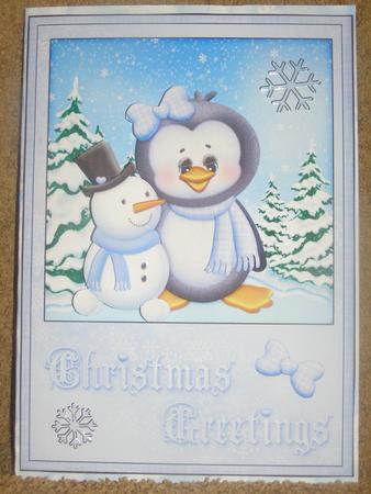 Penguin Builds a Snowman Friend Card Front and Decoupage by Susan Smith