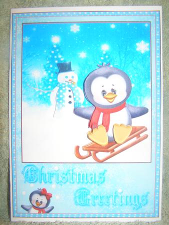 Penguin Sledging Card Front and Decoupage by Susan Smith