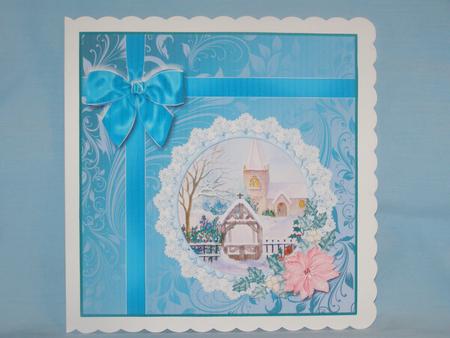 8x8 Church in Snow with Bow and Poinsettia Decoupage by Susan Smith