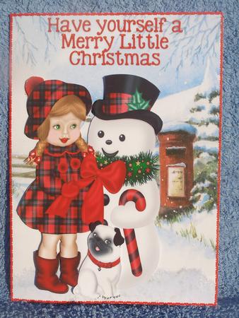 Little Girl in Tartan with Snowman & Pug by Susan Smith