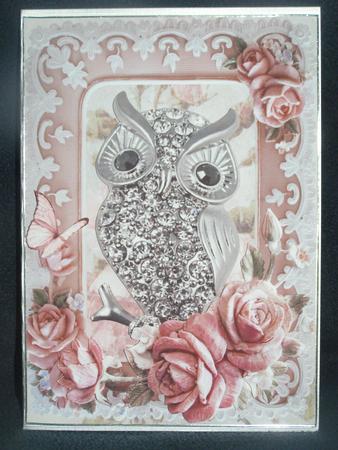Diamond Owl with Pink Roses and Butterfly by Susan Smith