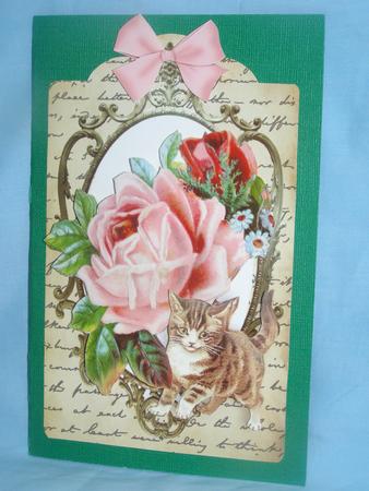 Pink Roses and Kitten on Vintage Tag by Susan Smith