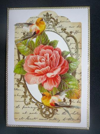 Red Flowers and Birds on Vintage Tag by Susan Smith