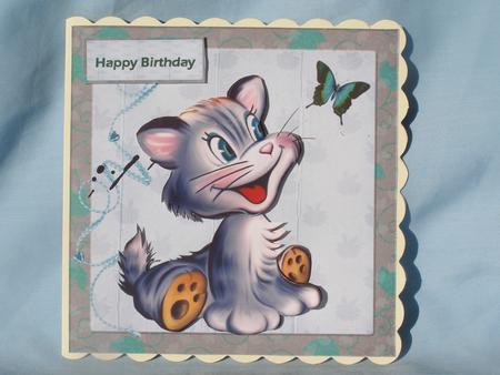 Happy Cat with the Butterfly Card and Decoupage by Susan Smith