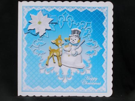 Snowman and Deer Blue Snowflake Panel Card Front by Susan Smith