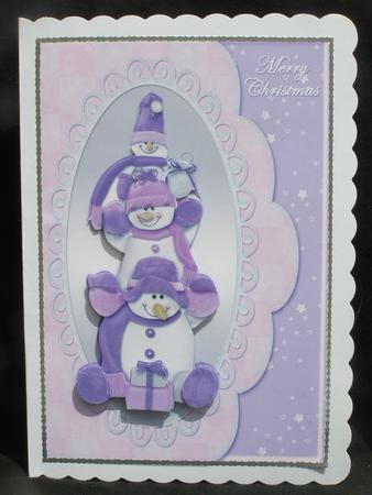 Three Happy Snowmen Lilac Envelope Style Card Front by Susan Smith