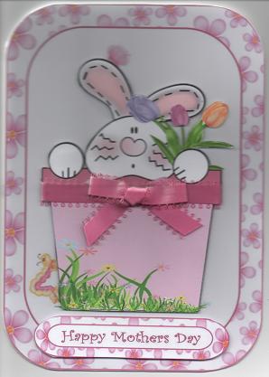 Bunny in a Pot with Flowers Mothers Day Card Front by Susan Spencer