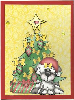 Cute Christmas Dog with Pretty Christmas Tree by Susan Spencer