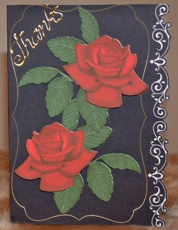 Fancy Edge Card Front with Red Roses by Susan Wellhausen