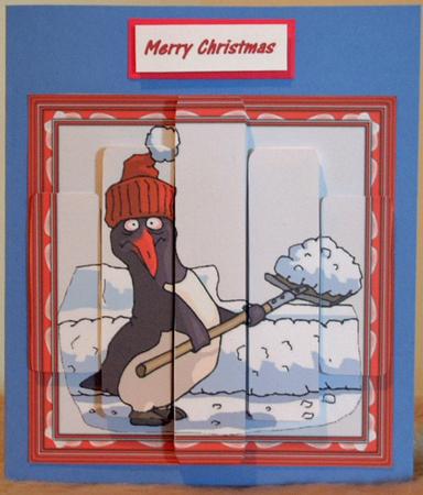 Penguin Clearing Snow Panel Card by Susan Wellhausen