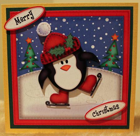 Xmas Skating Penguin Quick Card N 3D Decoupage by Susan Wellhausen