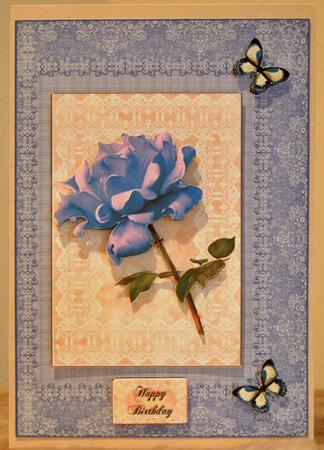 Blue Rose on Lace with Butterflies by Susan Wellhausen