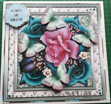 Beautiful Teal and Pink Rose Flutters Card Front Kit by Susan Heanes