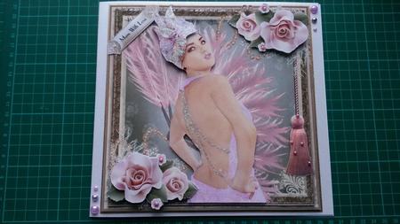 Pink Feathers Art Deco Lady Card Front Kit by Susan Heanes