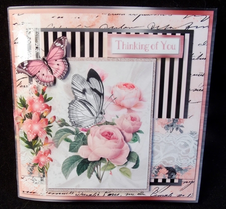 5 x 5 Quick Cut & Fold Card Butterfly/Pink Peonies with Sentiments Pink/BlackWhite by Susan Mehlbaum