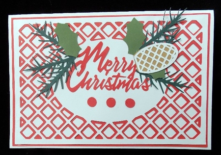 Merry Christmas topper with pine and holly embellishment by Susan Mehlbaum