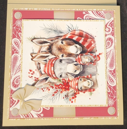 Christmas Donkey 7x7ins Topper kit 2 with lace edging by Susan Mehlbaum