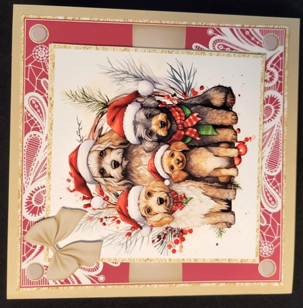 Vintage Christmas Dogs Family 7x7ins card kit 17 with lace edging by Susan Mehlbaum