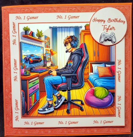 8 x 8 Gamer boy quick card front (Brown & beige). by Susan Mehlbaum