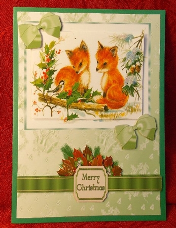 Little Foxes in the Snow with Bird and Bows by Susan Mehlbaum