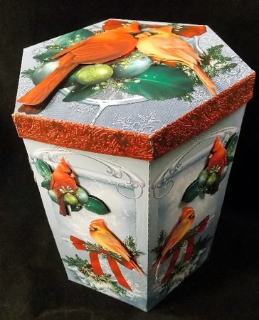 GORGEOUS TALL HEXAGONAL DECOUPAGE BOX - CARDINALS by Susan Mehlbaum