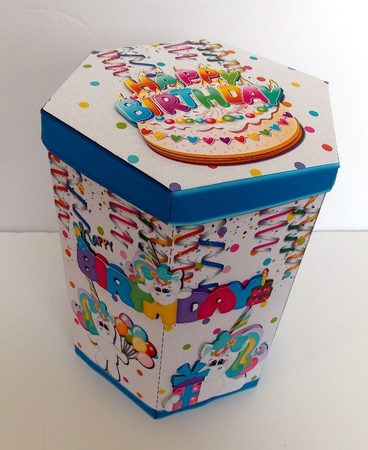 TALL HEXAGONAL DECOUPAGE BOX - UNICORN B-DAY! by Susan Mehlbaum