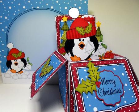 3D Xmas Pip Penguin Letter Rubber Band Pop Up Box Card by Susan Mehlbaum