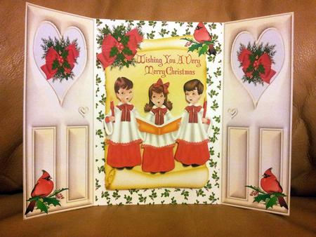 Carol Singers on a Scroll with Red Cardinal Bird Gatefold by Susie Woodward