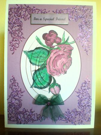 Pink Rose Oval Pyramid Card Front by Suzanne Burrows