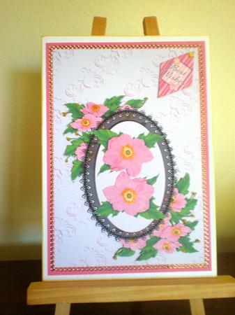 Pink Dogwood and Blossom Lace Decoupage Card Front by Suzanne Burrows