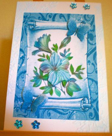 Pretty Pale Blue Flowers & Butterflies on Scroll by Suzanne Burrows