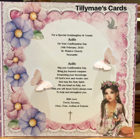 pretty girl with butterfly and flowers on lace 8x8 with pyramids by Suzanne Kavanagh