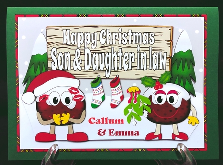 Crazy Christmas Pudding Couple with Mistletoe and sign SON & DAUGHTER IN LAW 5x7 by Suzi Cooper