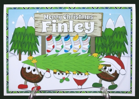 Crazy Christmas Puddings taking the Christmas Tree home and sign FINLEY by Suzi Cooper