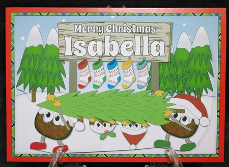 Crazy Christmas Puddings taking the Christmas Tree home and sign ISABELLA by Suzi Cooper